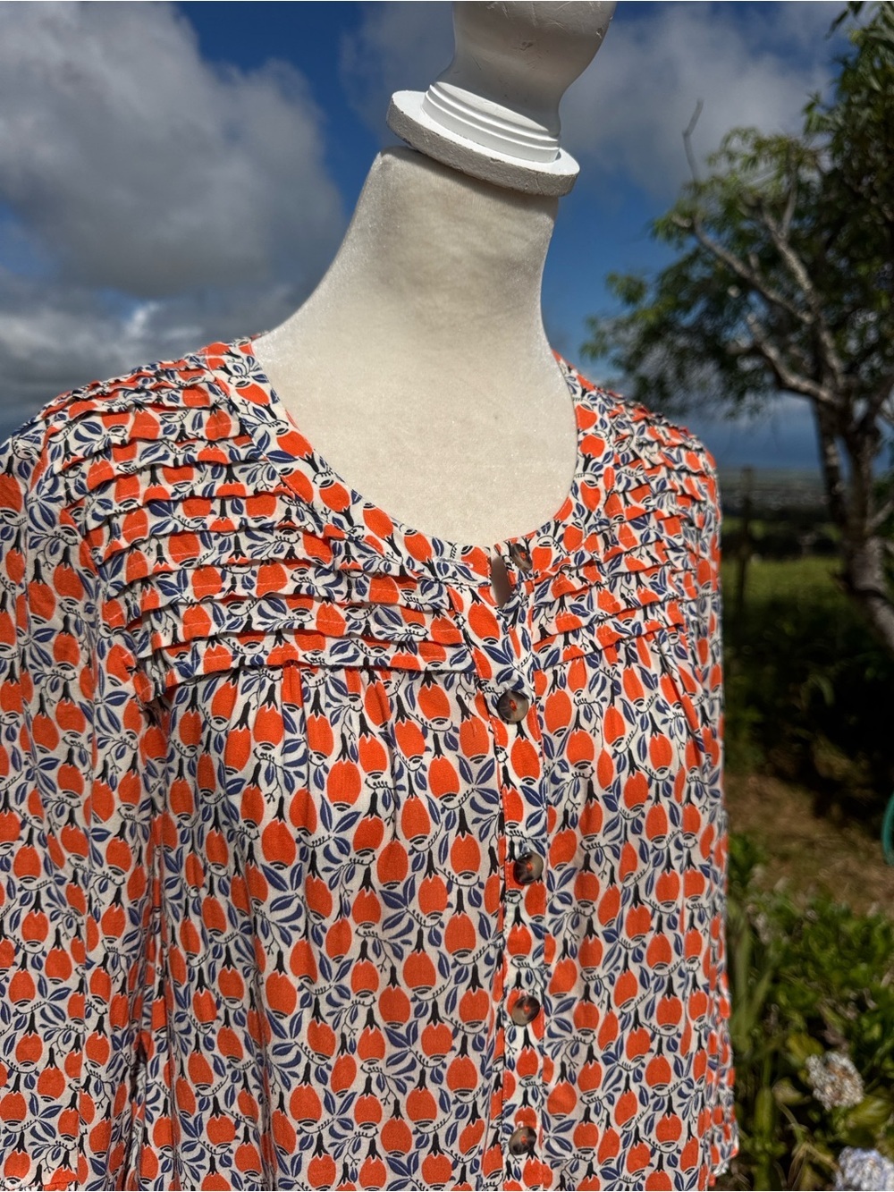 Anthropologie Maeve Berwick Orange Print Ruffle Sleeve Button Down Blouse - S - Picture 2 of 7